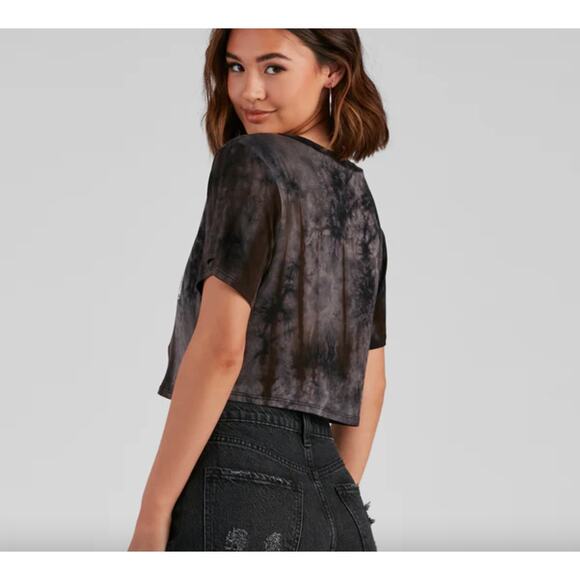 Windsor L Black Motorcycle Tie Dye Short Sleeve Graphic Boxy Tshirt Crop Top - Picture 2 of 7